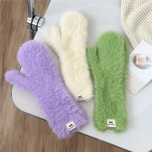 Women Plush Mittens Winter Thick Warm Faux Fur Fuzzy Gloves Solid Color Korean Style Outdoor Riding For Ladies