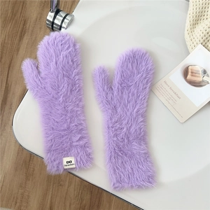 Thick plush lavender faux fur mittens for winter warmth with soft fluffy texture