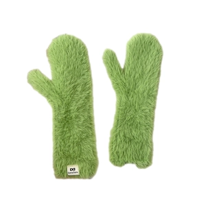 Thick plush winter mittens for women in grass green with soft fluffy faux fur texture