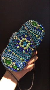 Floral crystal evening clutch bag with multicolored rhinestones and metallic chain