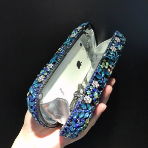 Luxury rhinestone clutch bag in blue and green crystals with shoulder chain for women