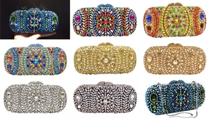 Matrix view of various luxury rhinestone evening clutch bags with detachable metal chains