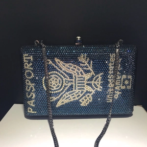 Women Passport Shaped Rhinestone Evening Clutch Bag With Metal Chain For Party Formal Event Hard Shell Sparkling