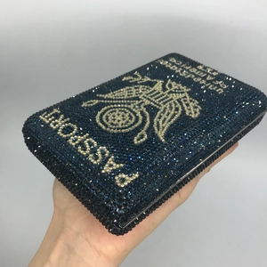 Navy blue US passport shaped rhinestone clutch bag for evening parties with metal frame