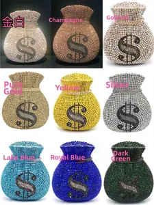 Detailed view of rhinestone money bag evening clutches in nine vibrant colors