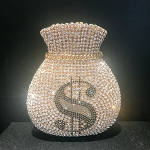 Money Bag Evening Bag Rhinestone Crystal Clutch Handcrafted Dollar Sign Party Wedding Handbag With Chain Strap