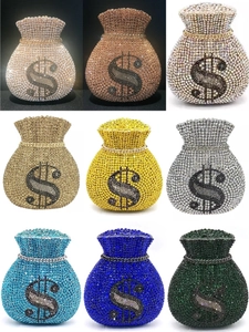 Detailed grid view of crystal encrusted money bag clutch bags in nine different colors