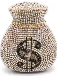 Detail of money bag clutch featuring sparkling AB crystal rhinestones and dollar sign