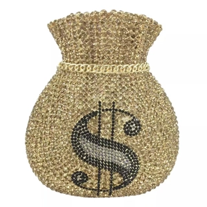 Detail of money pouch evening clutch with gold rhinestones and dollar sign pattern