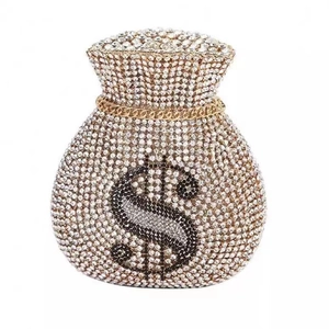 Close-up of money bag clutch featuring crystal rhinestones and golden dollar sign