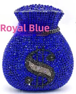 Macro detail of royal blue crystal clutch bag with sparkling rhinestone dollar sign