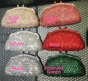 Showcase of six different colored sparkling rhinestone evening clutch bags for women