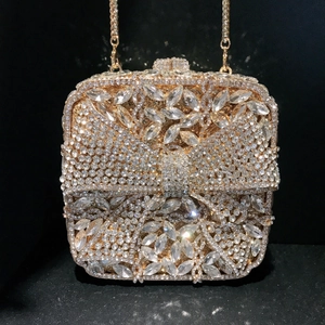Bowknot Rhinestone Evening Clutch Bag Sparkling Metal Square Box Purse For Wedding Party Luxury Handbag
