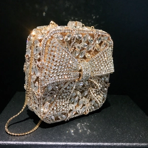 Luxury sparkling rhinestone evening clutch bag with bow crystal floral design and gold chain