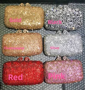 Selection of six sparkly evening clutch bags in gold black silver and colorful rhinestones
