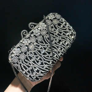 Luxury silver floral rhinestone evening clutch bag with intricate镂空 design and chain