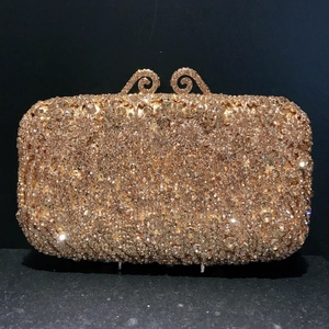 Exquisite hollow champagne gold evening clutch bag with sparkling rhinestones for formal dress