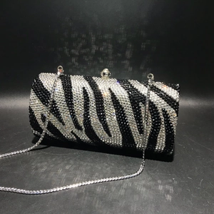 Zebra Print Rhinestone Evening Bag For Women Luxury Metal Frame Clutch Party Wedding Handbag With Detachable Chain