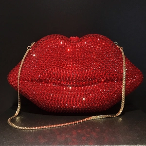 Red Lip Shaped Rhinestone Evening Bag Sparkling Crystal Clutch Purse With Chain Strap For Women Party Wedding
