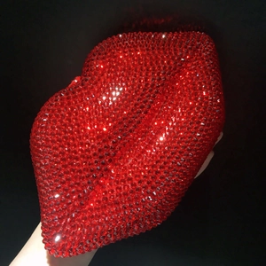 Sparkling red lip-shaped clutch bag with luxury rhinestones for evening party and banquet