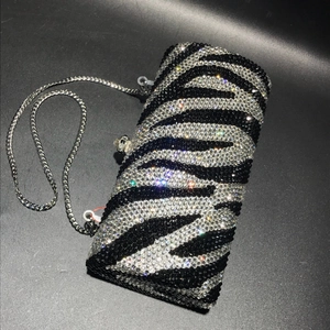 Detail of zebra pattern evening bag with crystal rhinestones and skull clasp