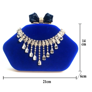 Blue velvet shell evening bag with rhinestone fringe and jeweled butterfly clasp