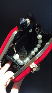 Red velvet shell evening clutch bag with pearl chain and rhinestone gold frame clasp