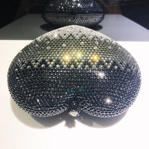 Elegante borsa da sera a forma di cuore con strass sfumati neri e argento glitter