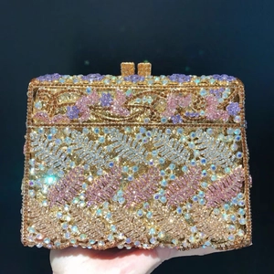 Luxury Rhinestone Evening Clutch Bag Metal Hollow Out Pattern Hard Shell Formal Party Wedding Handbag For Women