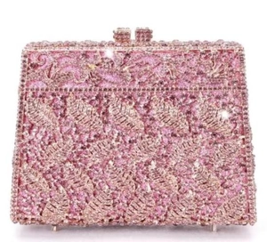 Pink rhinestone hollow leaf evening clutch bag with trapezoid box design and metal clasps