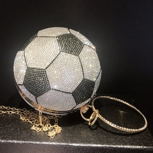 Spherical soccer clutch bag with black and silver rhinestones and gold chain handle