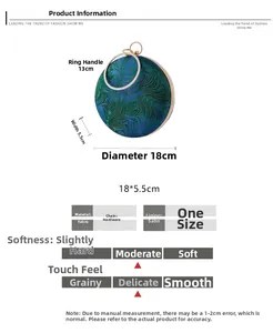 Detailed view of round silk clutch bag with peacock feather pattern and dimensions