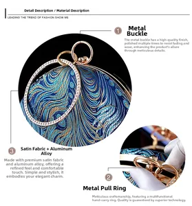 Detailed view of peacock feather embroidery on premium satin fabric with gold metal hardware