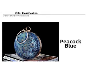 Detailed view of peacock feather embroidery and rhinestone ring handle on the blue handbag