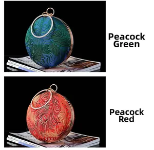 Macro detail of luxury peacock feather embroidery on round silk handbags with gold handles
