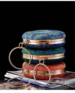Detail of round peacock feather embroidered evening bags with luxury crystal ring handles