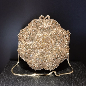 Luxurious Rose Flower Evening Bag Metal Rhinestone Inlaid Round Clutch Wedding Party Chain Shoulder Bag For Women