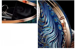 Macro detail of Chinese peacock feather embroidery on blue silk with gold metal frame bag