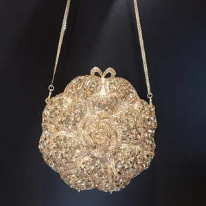 Sparkling gold flower evening clutch bag with full rhinestones and bow metal clasp