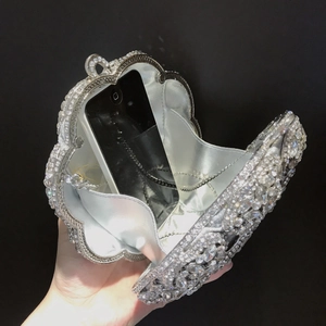 Silver floral rhinestones evening bag with sparkling crystals and metal frame