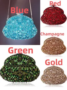 Five assorted colors of elegant shell-shaped rhinestone clutch bags with metal chains