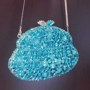 Royal blue rhinestone evening clutch bag with marquise crystals and silver chain strap