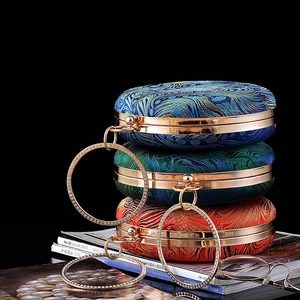 Elegant Chinese style circular evening bags with peacock feather embroidery in three colors