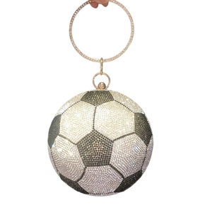 Sparkling soccer ball evening clutch bag with black and white rhinestones and gold handle