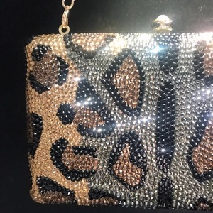 Luxury leopard print rhinestone clutch bag with gold chain and jeweled clasp