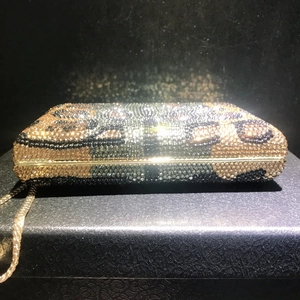 Luxury leopard print rhinestone evening clutch bag with gold metal frame and chain