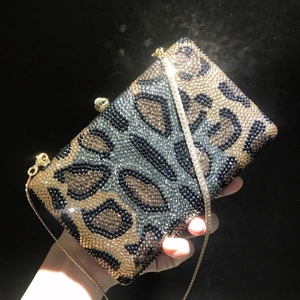 Sparkling leopard print rhinestone clutch bag with gold chain strap for party