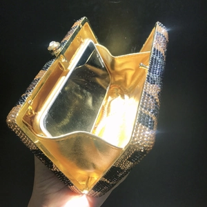 Luxury leopard print rhinestone evening clutch bag with gold chain and phone compartment