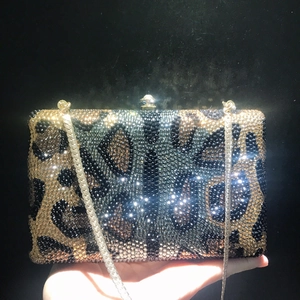 Luxury leopard print rhinestone evening clutch bag with gold chain strap for women