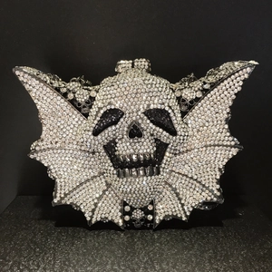 Gothic bat skull evening clutch bag with sparkling crystals and metal chain strap